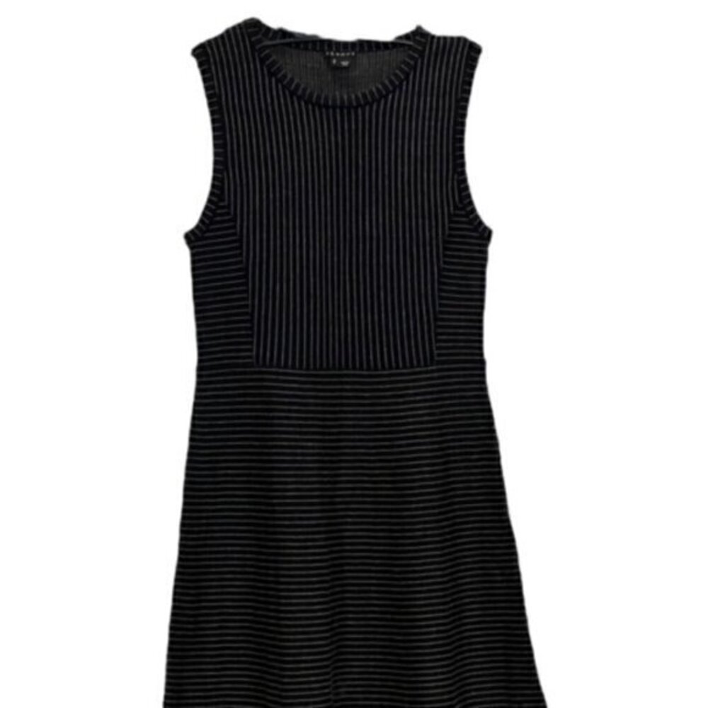 Theory Randria Evian Womens SM Dress Stretch Wool Black Grey A-line Stripe $345